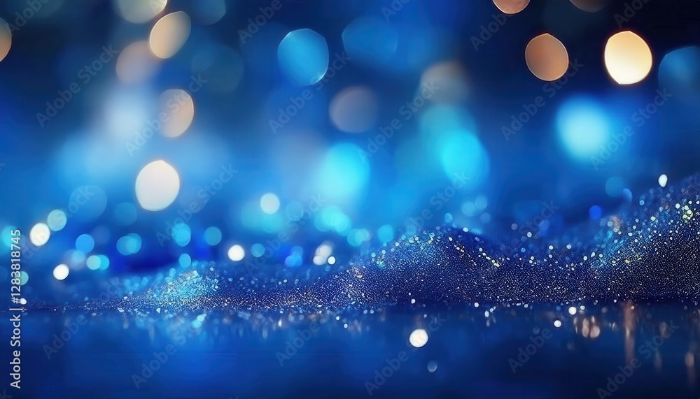 Poster abstract deep blue bokeh lights with shimmering particles on textured surface, fantasy glow for back