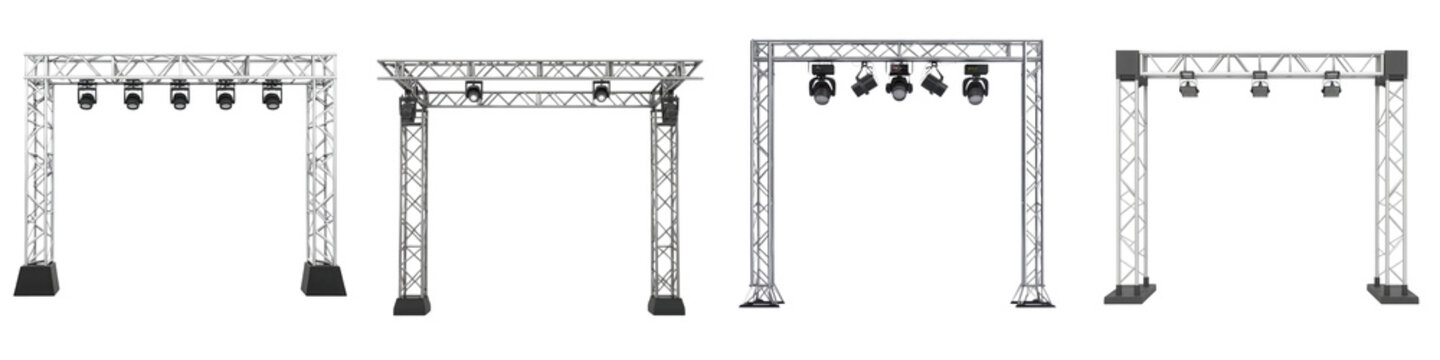 Large metal truss framework with various lighting and audio equipment installed set up for a concert music festival or other live entertainment event