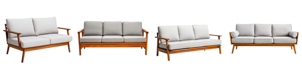 Beautifully designed minimalist and inviting Scandinavian style wooden sofas and couches arranged in a cozy harmonious living room interior with a warm elegant and serene ambiance