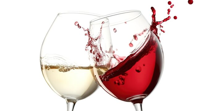Two wine glasses clinking together, with red and white wine splashing, isolated on the left side of an all-white background.