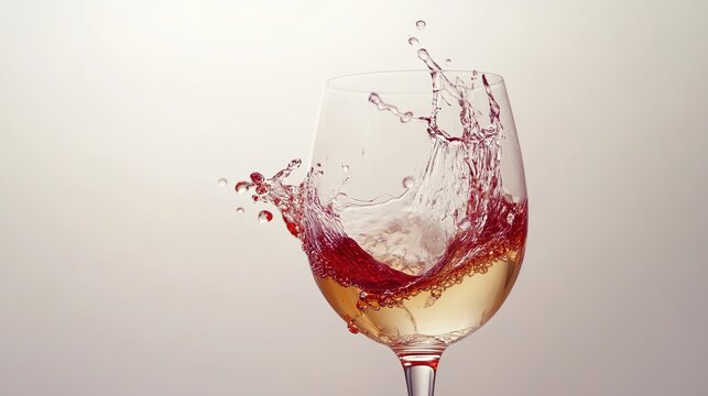 Two wine glasses clinking together, with red and white wine splashing, isolated on the left side of an all-white background.