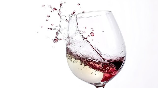 Two wine glasses clinking together, with red and white wine splashing, isolated on the left side of an all-white background.