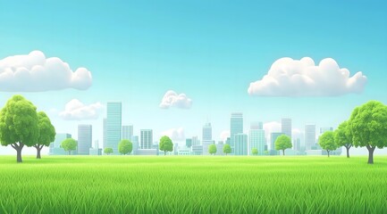 Cartoon city park with green grass, trees, and skyscrapers under a blue sky with clouds.