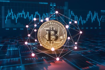 Bitcoin Coin Hovering Above Digital Cryptocurrency Market Data 