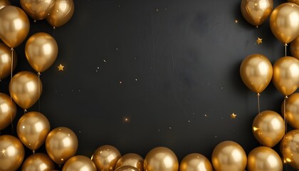 Naklejka premium Gold balloons on black wall festive and elegant banner with copy space