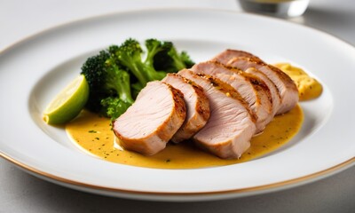 Juicy Sliced Chicken Breast with Broccoli and Lemon Garnish