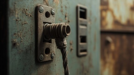Rusty Industrial Detail: Close-up of a weathered cable mechanism attached to a dusty, aged metallic surface, hinting at forgotten machinery and a sense of timelessness.
