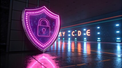 A digital shield with a bright neon padlock glowing in the dark, highlighting encryption, privacy, and advanced cybersecurity