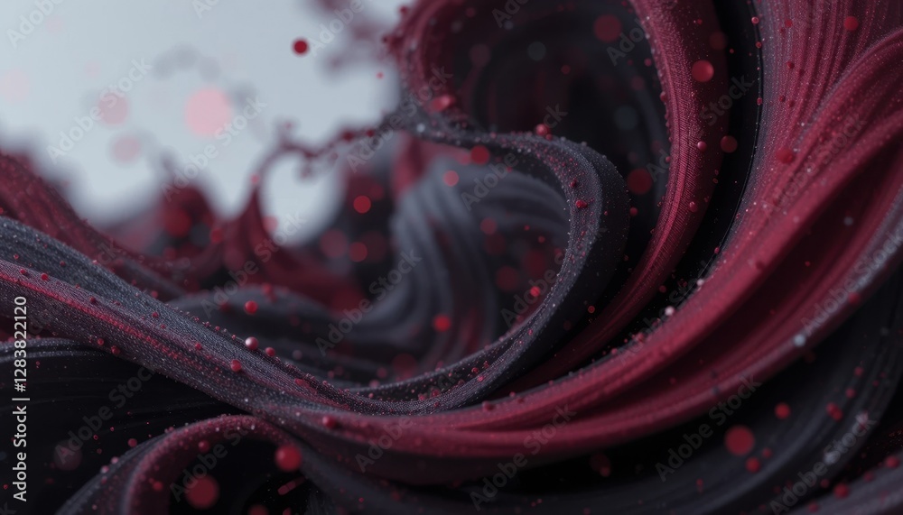 Poster dynamic swirls of black and red with floating particles in abstract composition