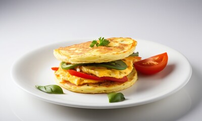 Delicious Layered Omelette with Fresh Vegetables on White Plate