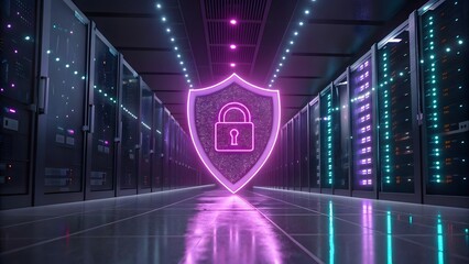 A glowing cybersecurity shield with a neon pink padlock, symbolizing advanced data protection and modern privacy