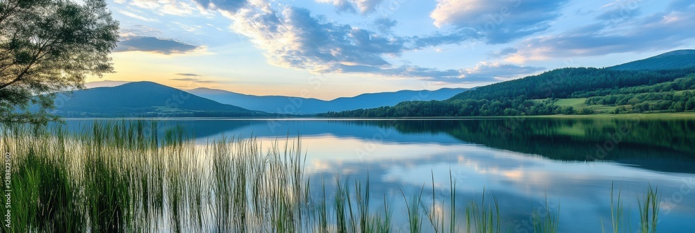 Poster serene lakeside view during sunset with mountains and reflections in calm water. generative ai