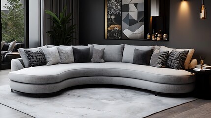 A contemporary curved sectional sofa in light gray tones, featuring sleek black integrated side tables, placed in a modern living room with geometric decor and subtle lighting,