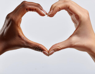 Fototapeta premium Unas manos de diferente raza haciendo la forma de un corazón o símbolo del amor sobre fondo blanco