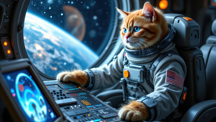 A cat dressed as an astronaut piloting a spacecraft.