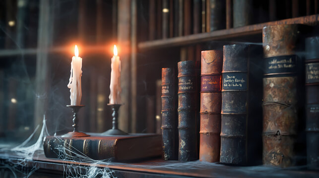 A mysterious candlelit scene with dusty books and cobwebs, evoking a sense of ancient knowledge and intrigue in a dark library. Flickering Candlelit Library. Illustration