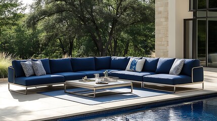 Fototapeta premium A contemporary modular outdoor seating set with bold navy blue cushions and lightweight aluminum frames, arranged poolside with sparkling water in the background,