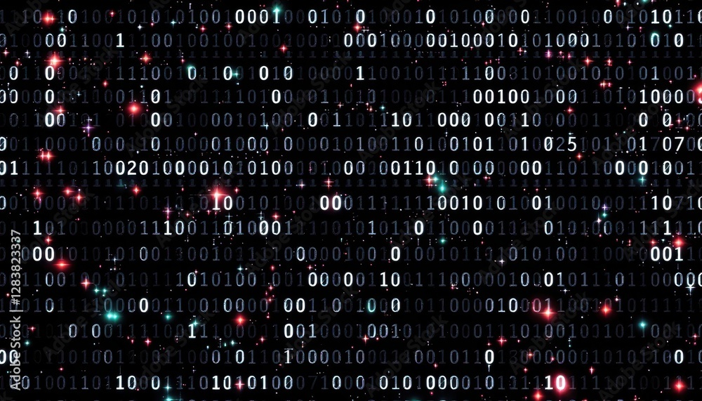 Fototapete Binary code background with glowing light effects in digital matrix pattern