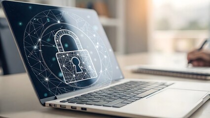 Laptop with padlock and security concept from linear icons, highlighting cutting-edge digital protection and cybersecurity