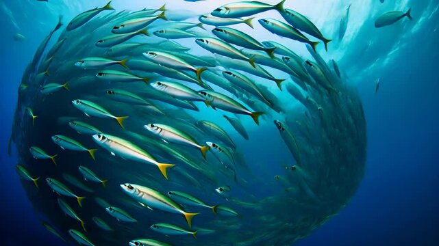 Underwater swirl of fish: dynamic marine life movement in the deep blue ocean. School of fish swimming in synchronized vortex underwater.