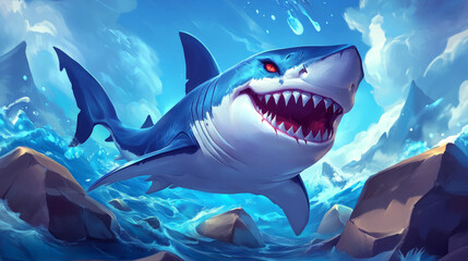 Cartoon banners with shark on sea or ocean bottom with rocks around. Underwater creature with smiling and angry face and red eyes, game character, marine predator toothy animal, vector illustration