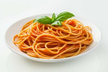 Delicious spaghetti with tomato sauce and basil on white plate. Neural network AI generated