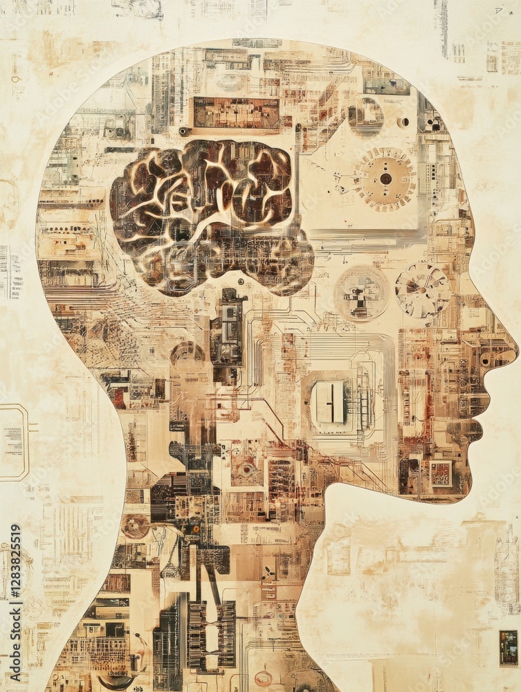 Poster Schematic representation of artificial intelligence within a human head. Generative AI
