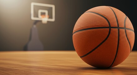 Fototapeta premium a basketball resting on a wooden floor, hyperrealistic, close up, orange basketball with black seams, focus on the texture of the ball, wooden floor with light brown tones