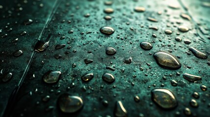 Emerald Dewdrops: A Macro Photography of Water Droplets on a Dark Green Surface