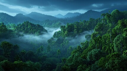 Lush Green Tropical Forest Landscape Under Dramatic Cloudy Sky with Misty Valley and Mountain Range in the Background