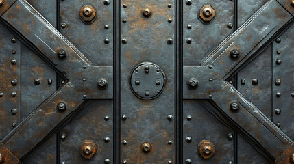 Weathered metal door featuring bolts and cross beams creates a pattern