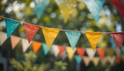 Colorful triangular flags on blur background for outdoor party celebration, vintage tone