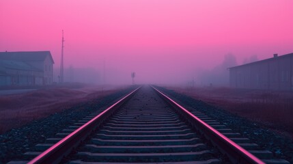 Fototapeta premium Foggy Train Tracks Leading into Abandoned Landscape at Dusk
