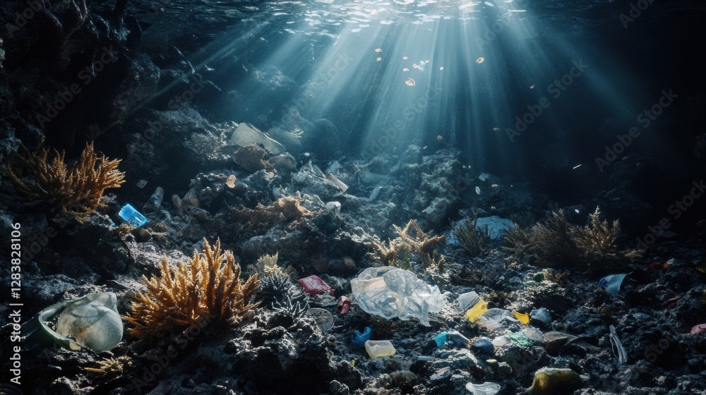 Poster Underwater view of dying corals surrounded by plastic waste illuminated by faint rays of light. Generative AI