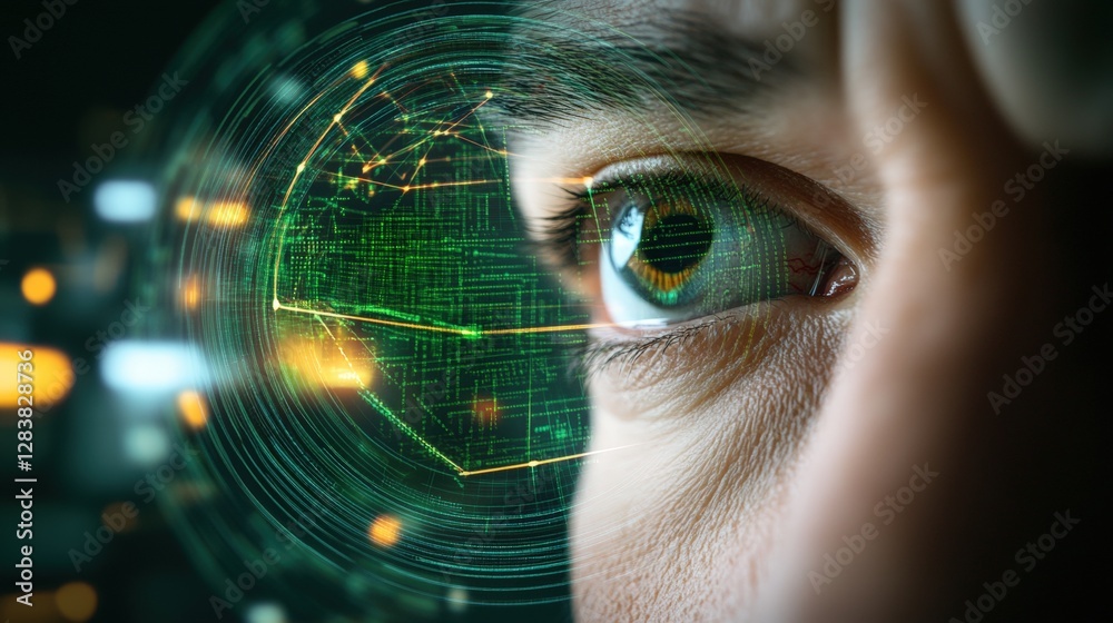 Fototapete close up of human eye with green iris on technology background representing cybersecurity and hackin
