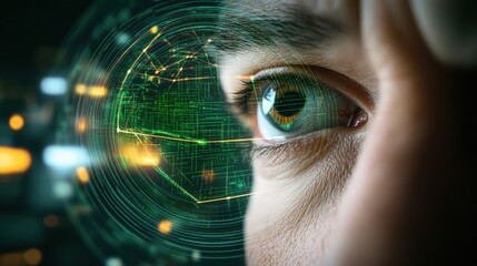 Close up of human eye with green iris on technology background representing cybersecurity and hacking