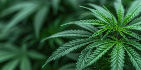 Lush green cannabis leaves create a vibrant, natural backdrop, showcasing the intricate details and textures of the plant.