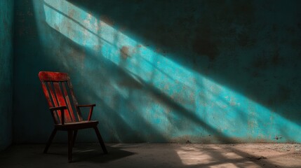 Lonely chair in sunlit room with shadows on turquoise wall