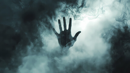 Mysterious hand reaching through dense fog for conceptual visuals. Ghostly Hands Reaching Through Veil. Illustration