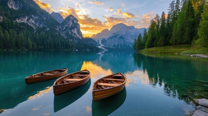 Serene Lake at Sunset with Wooden Boats and Majestic Mountains Reflected in Calm Waters Surrounded by Lush Green Forests and Vibrant Sky Colors