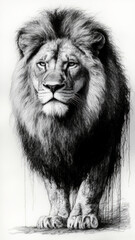 Black and white portrait of a majestic lion standing proudly, showcasing its powerful presence and regal mane