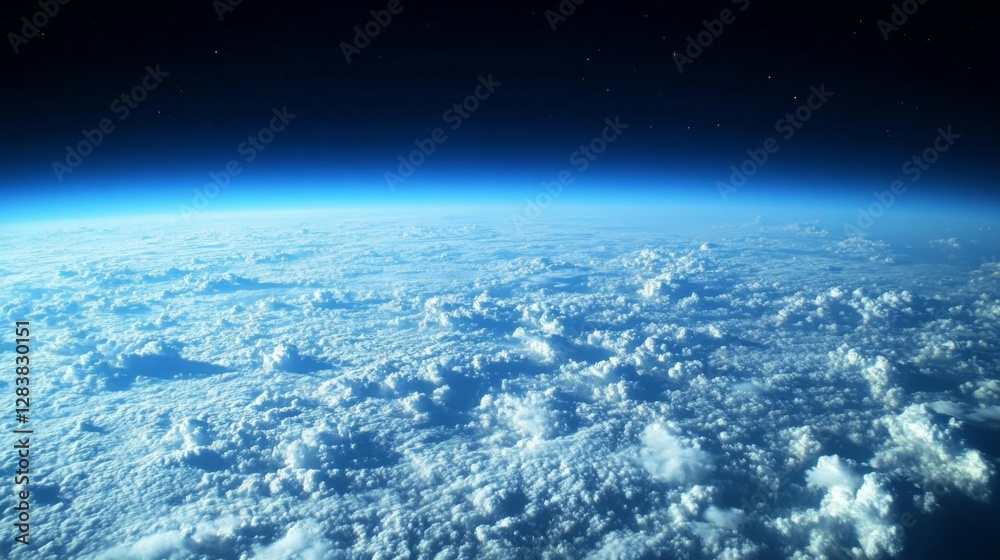 Aufkleber Above a mesmerizing expanse of clouds, the world unfolds in a serene display of fluffy white formations against a deep azure sky. The vastness is both calming and awe-inspiring
