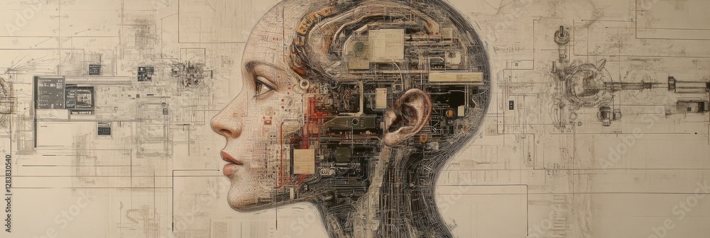 Poster Human head outline merged with schematic designs of artificial intelligence mechanisms showcasing technology and innovation. Generative AI