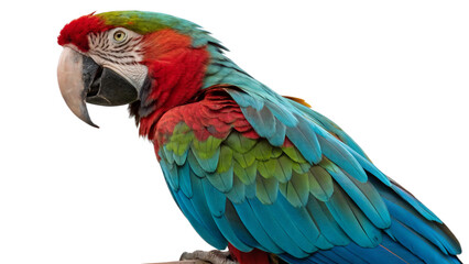 Obraz premium Closeup of a Greenwinged Macaw, showcasing its vivid red, green, and blue plumage against a white background. The birds detailed feathers and expressive eyes are prominent.