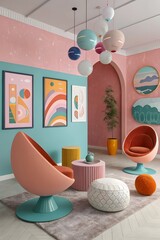 Vibrant retro living room with modern furniture and bold geometric art in pastel colors
