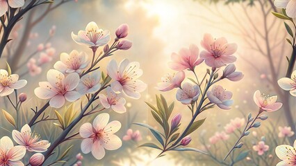 Seamless digital cherry blossom pattern with a serene mood on a soft pastel background