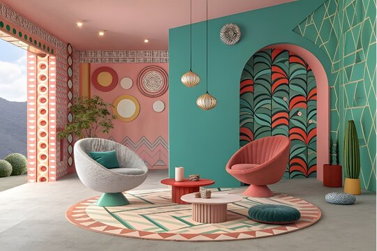 Vibrant geometric interior design with modern chairs and colorful patterns
