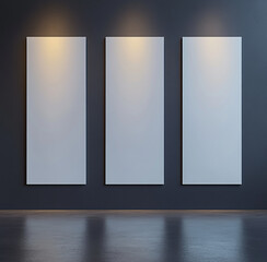 Mockup of three long blank canvases on minimalist wall
