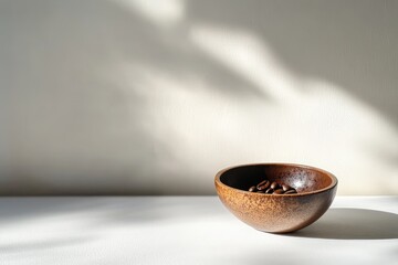 Rustic Brown Bowl with Coffee Beans on Minimalist Surface