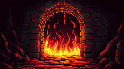 Gothic underworld portal with flames. Portal to the Netherworld. Illustration